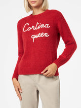 Woman crewneck soft sweater with Cortina Queen embroidery