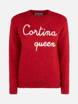 Woman crewneck soft sweater with Cortina Queen embroidery