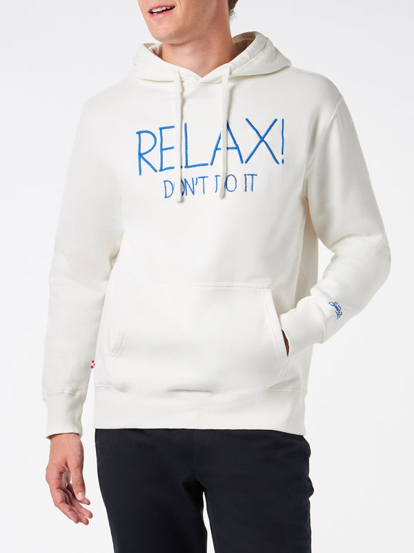 Weißer Kapuzenpullover für Herren mit „Relax Don't do it“-Stickerei