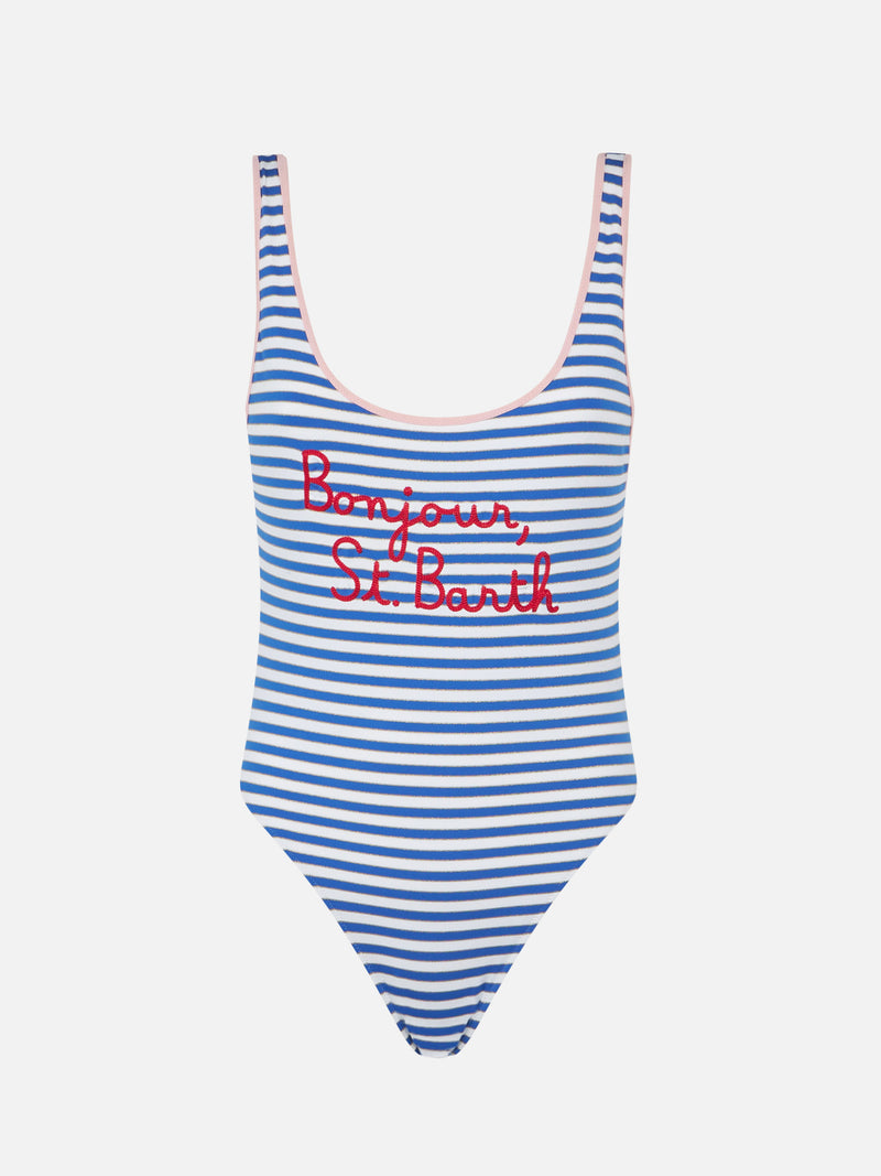 Gestreifter Damen-Einteiler-Badeanzug mit Bonjour-St.-Barth-Stickerei