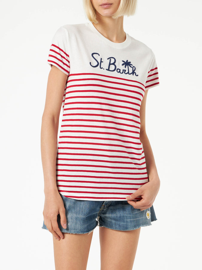 Mc2 Saint Barth T-shirt in cotone a righe rosse con ricamo St. Barth