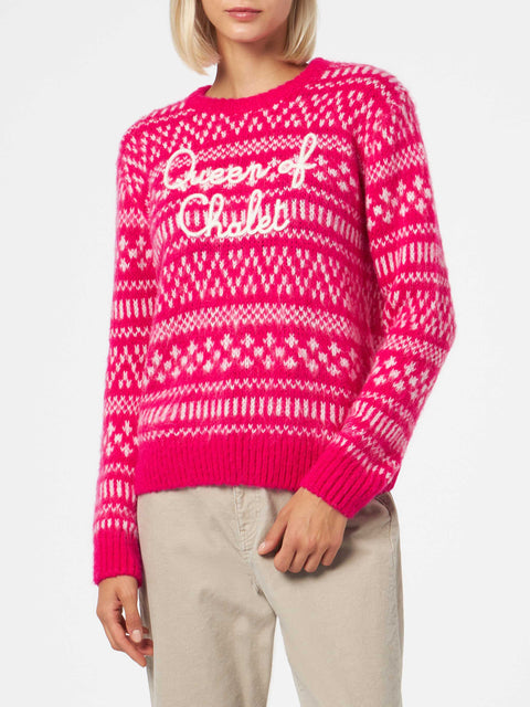 Woman crewneck soft sweater with fair isle print and Queen of Chalet embroidery - MC2 Saint Barth