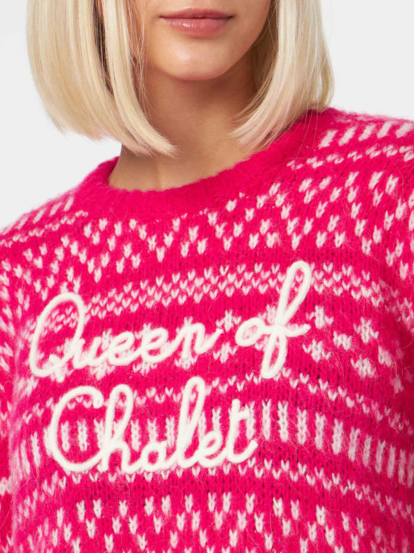 Woman crewneck soft sweater with fair isle print and Queen of Chalet embroidery