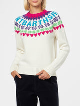 Maglia da donna girocollo bianca con stampa cuori fair isle