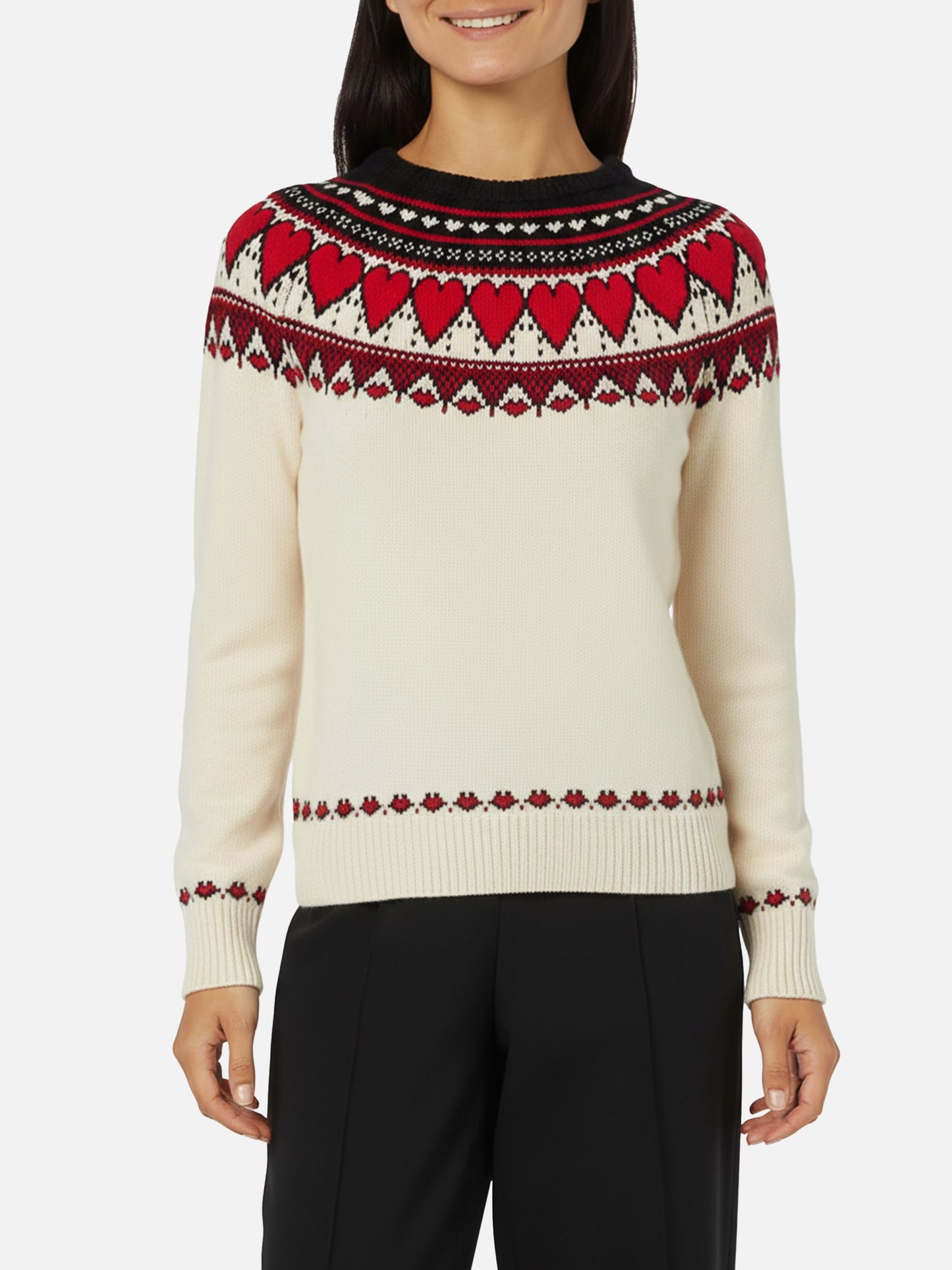 Maglione bianco da donna New Queen stampa cuori fair isle