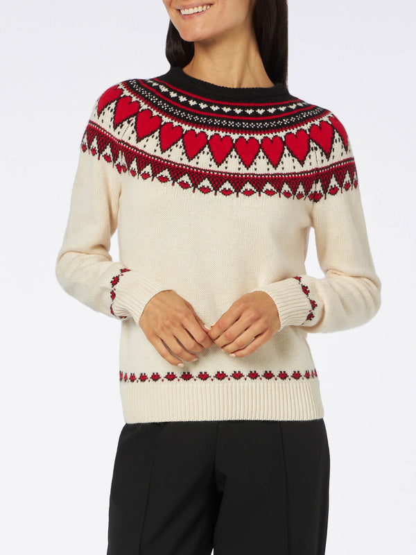 Woman crewneck white sweater with fair isle heart print