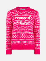 Woman crewneck soft sweater with fair isle print and Queen of Chalet embroidery