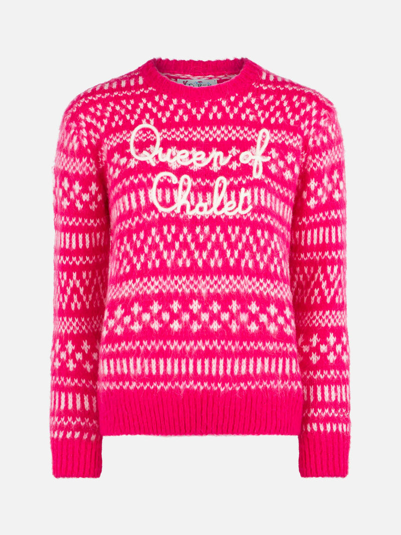 Woman crewneck soft sweater with fair isle print and Queen of Chalet embroidery