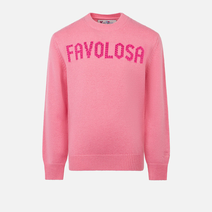Girl crewneck pink sweater with Favolosa rhinestones print - MC2 Saint Barth