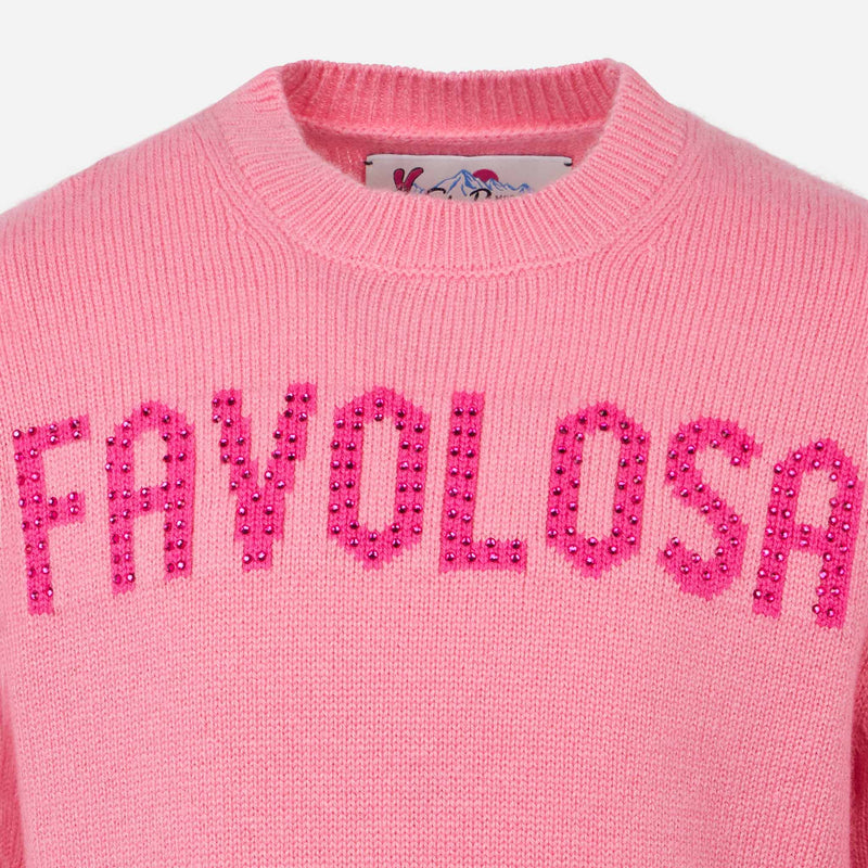 Rosa Pullover für Mädchen mit Rundhalsausschnitt und Favolosa-Strassstein-Print