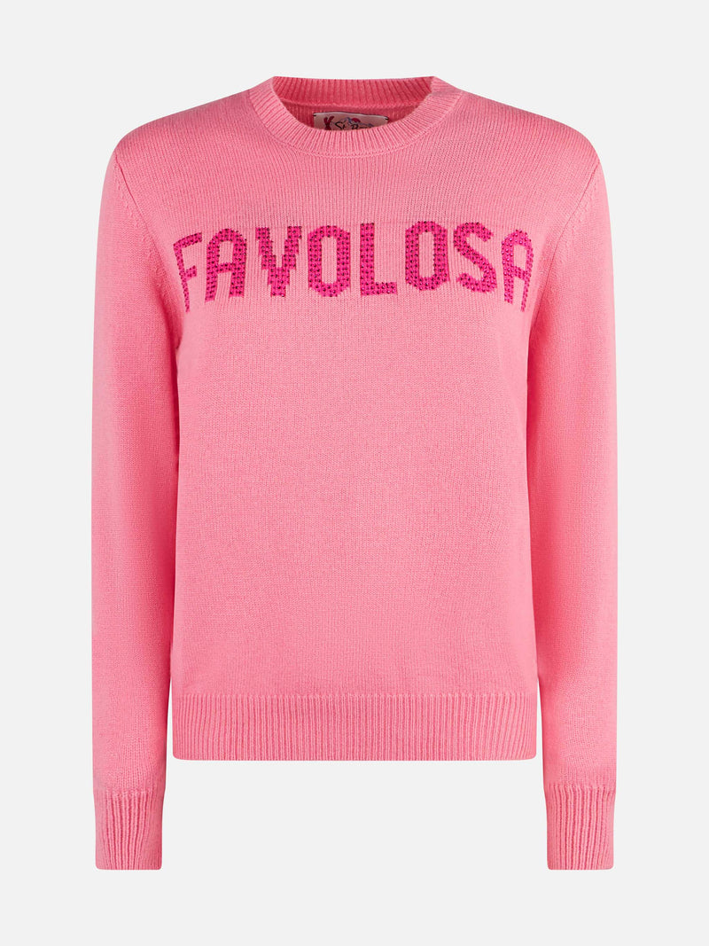 Woman crewneck pink sweater with Favolosa rhinestone print