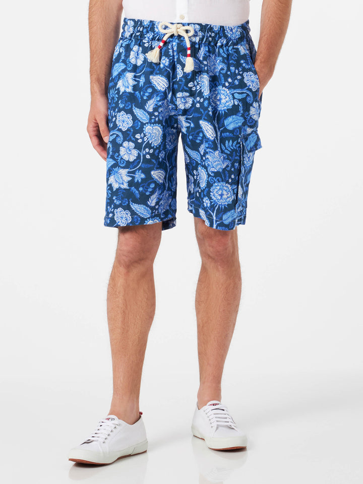 Man linen blue bermuda shorts with flower print - MC2 Saint Barth