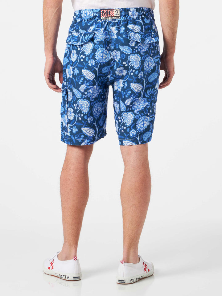 Man linen blue bermuda shorts with flower print - MC2 Saint Barth