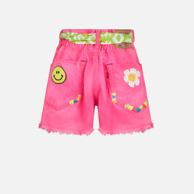 Girl fluo pink upcycled denim shorts with embroidery - MC2 Saint Barth
