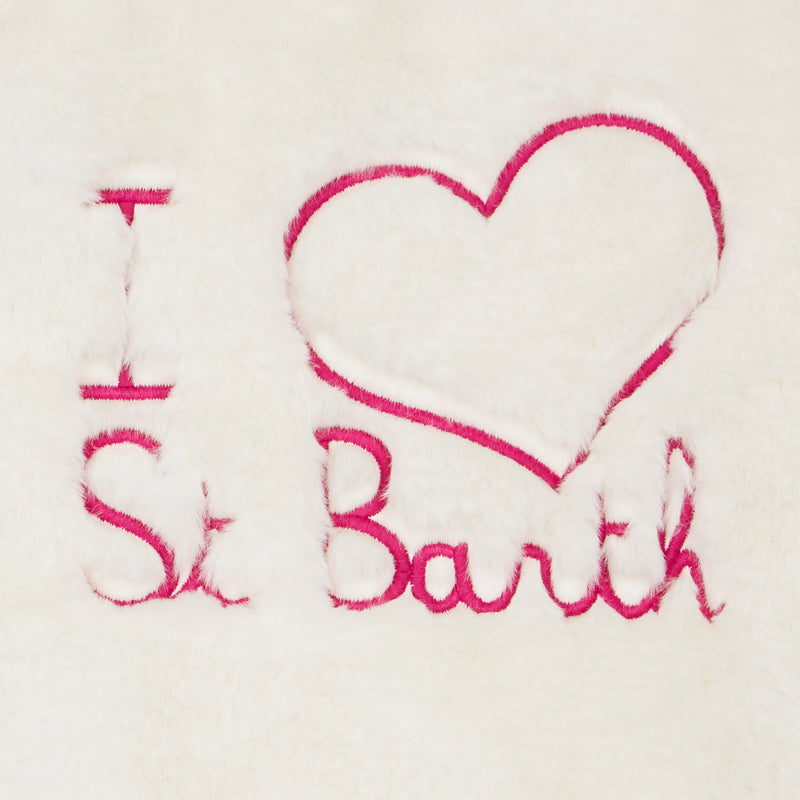 Weiße Pelzjacke für Mädchen mit „I Love St. Barth“-Stickerei