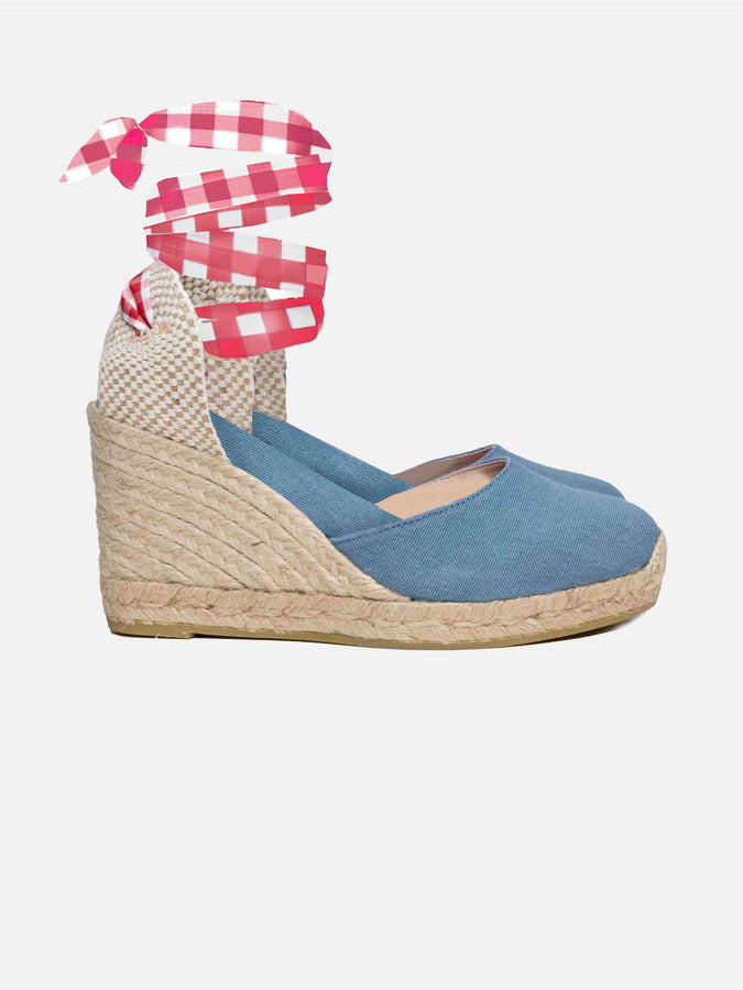 Mc2 Saint Barth Espadrillas in tela stampata blu con zeppa alta e laccio alla caviglia