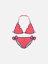 Bikini da bambina a triangolo con stampa vichy rossi