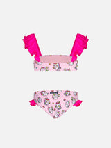 Mädchen-Bandeau-Bikini mit Rüschen und Einhorn-Print