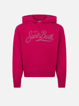 Girl fuchsia cropped hooded sweater with rhinestones