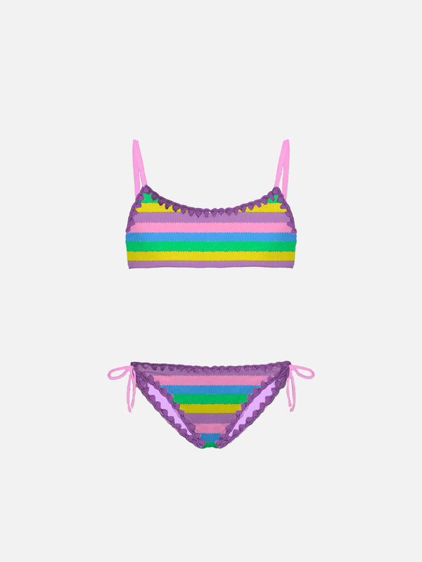 Bikini da bambina a bralette con righe multicolore