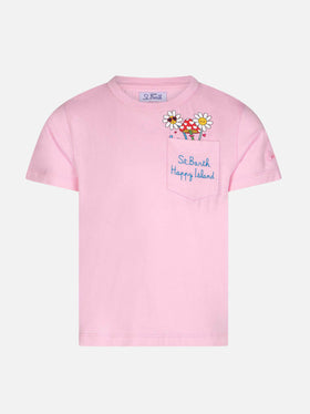 Girl cotton t-shirt with St. Barth Happy Island embroidery - MC2 Saint Barth