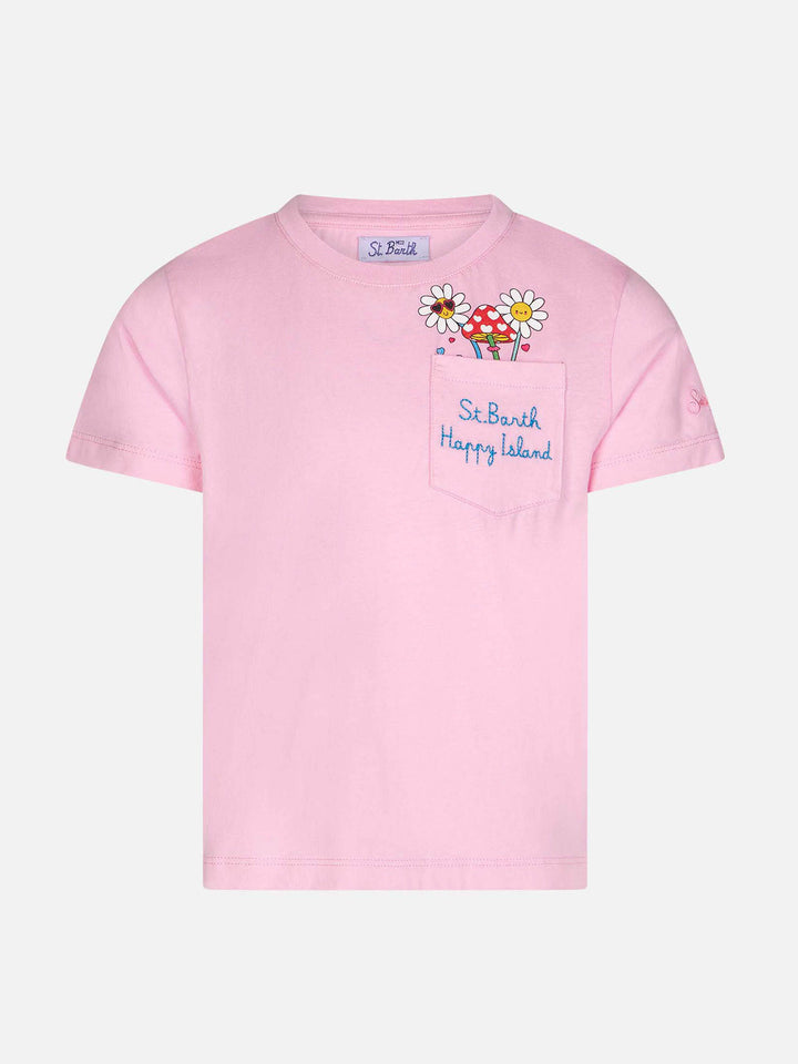 Girl cotton t-shirt with St. Barth Happy Island embroidery - MC2 Saint Barth