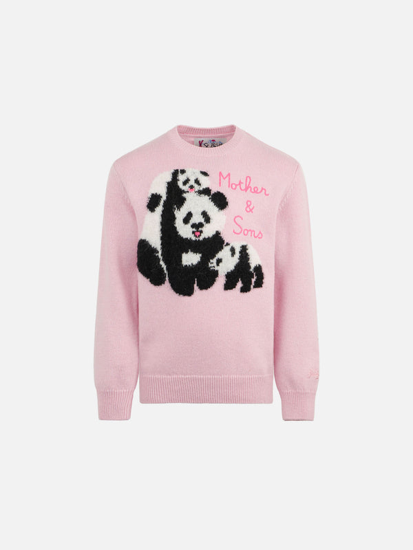 Girl crewneck pink sweater with Mother & Sons embroidery
