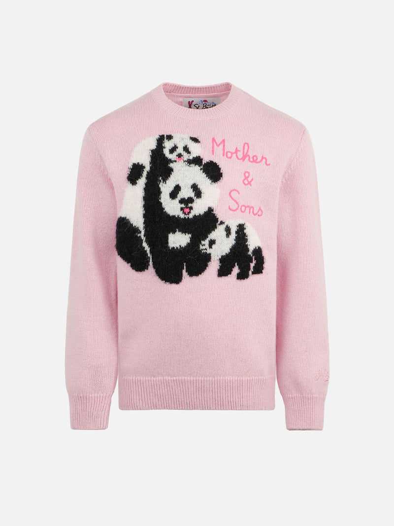 Girl crewneck pink sweater with Mother & Sons embroidery