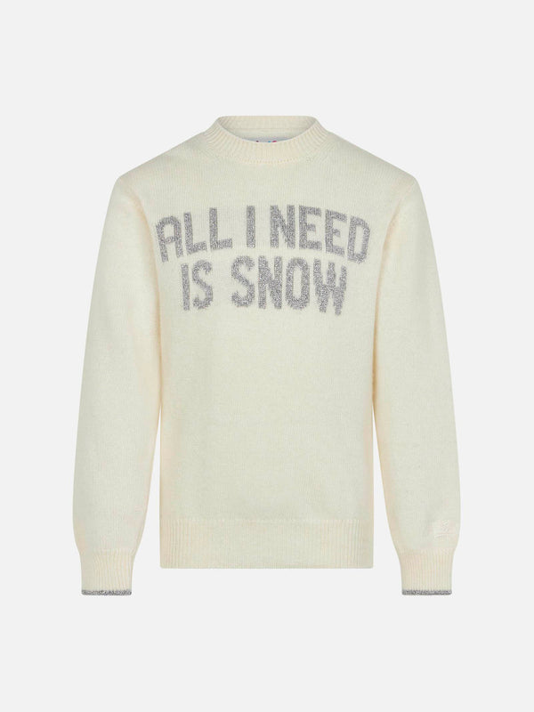 Girl crewneck sweater with All I need is snow lettering