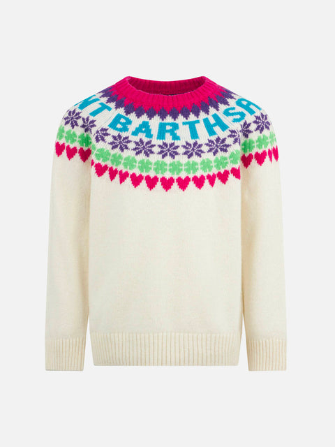 Girl crewneck white sweater with fair isle jacquard - MC2 Saint Barth
