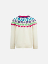 Maglia da bambina girocollo bianca con stampa cuori Fair Isle