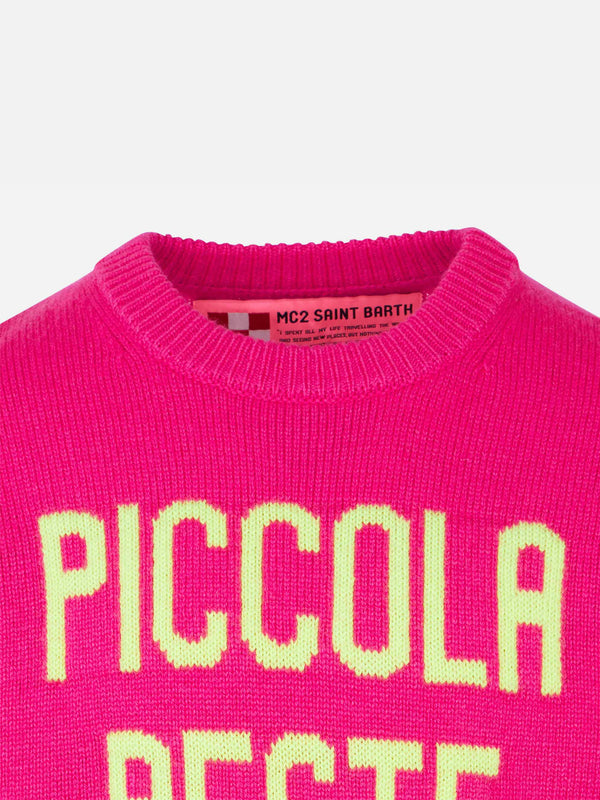 Fluo-Rosa-Pullover für Mädchen, gelbe Fluo-Piccola-Peste-Stickerei