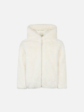 Girl furry white jacket with I Love St. Barth embroidery - MC2 Saint Barth