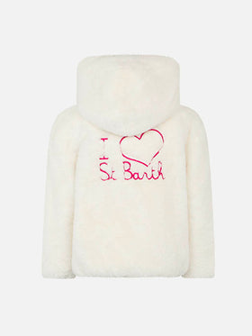 Girl furry white jacket with I Love St. Barth embroidery - MC2 Saint Barth