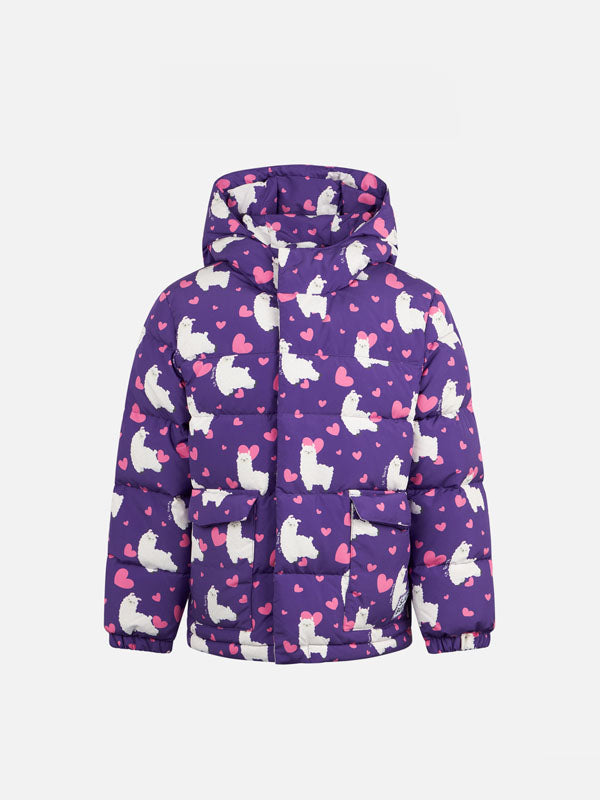 Girl hooded down padded jacket with alpaca and hearts print - MC2 Saint Barth