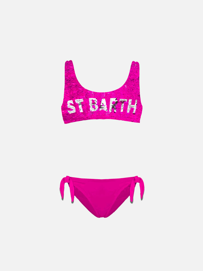 Mc2 Saint Barth Bikini a bralette per bambina in paillettes fucsia con logo argento