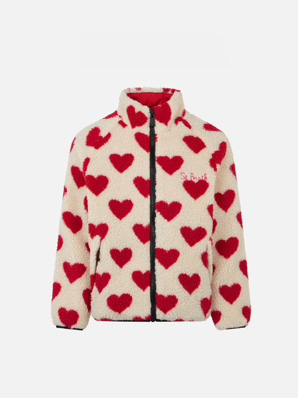 Girl sherpa jacket with hearts print