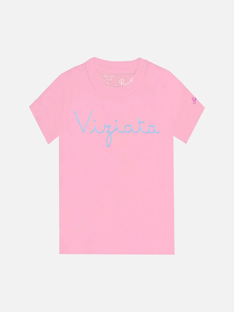 T-shirt da bambina rosa con scritta ricamata