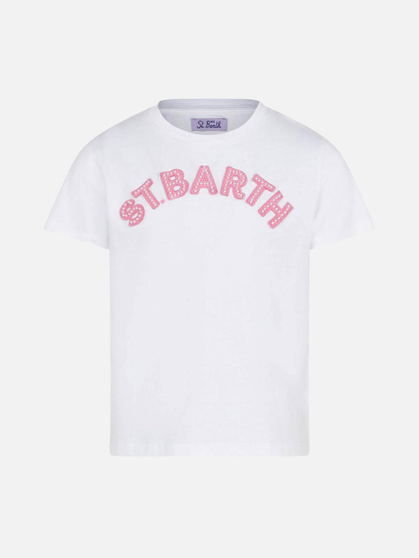 Mädchen-T-Shirt mit rosafarbenem St. Barth-Aufnäher