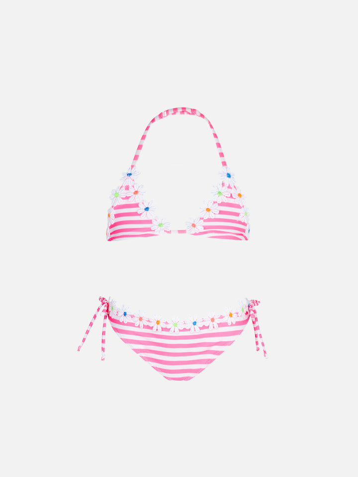 Girl triangle bikini with fluo pink striped - MC2 Saint Barth