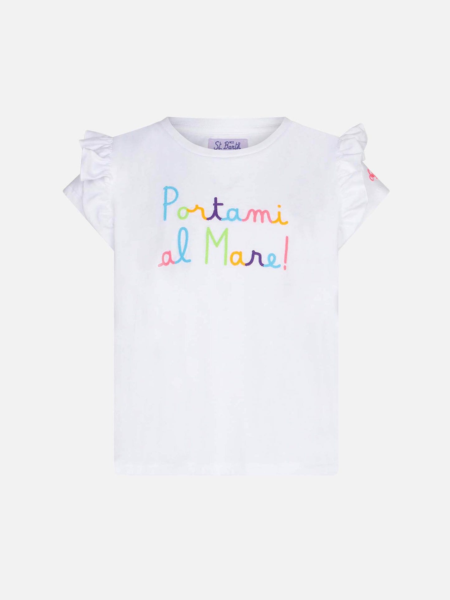 Girl ruffled t-shirt with flounce and Portami al Mare embroidery - MC2 Saint Barth