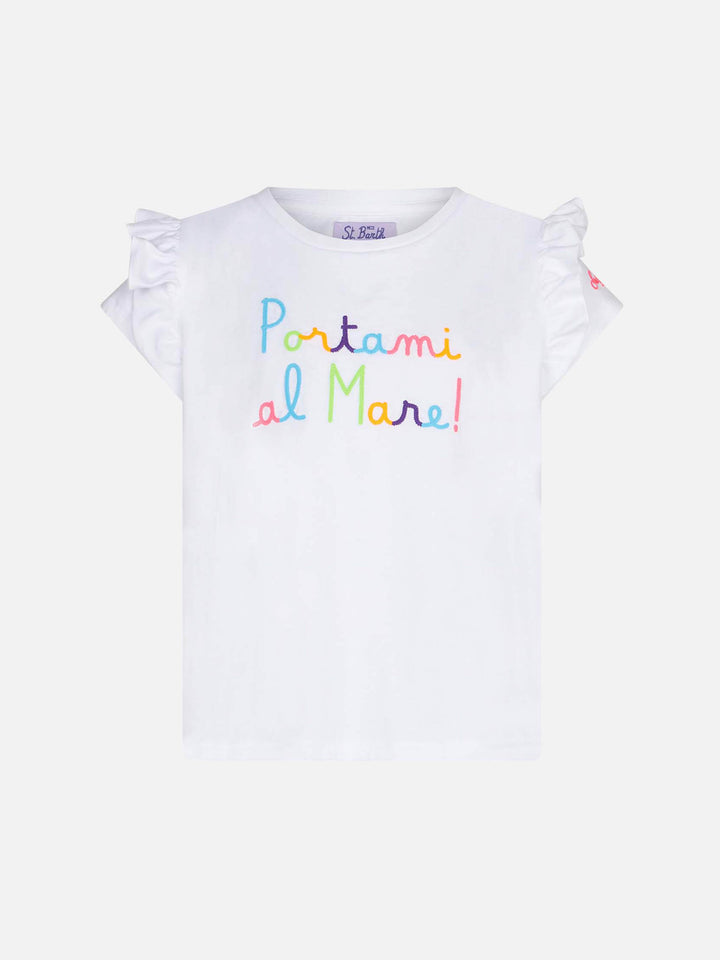 Girl ruffled t-shirt with flounce and Portami al Mare embroidery - MC2 Saint Barth