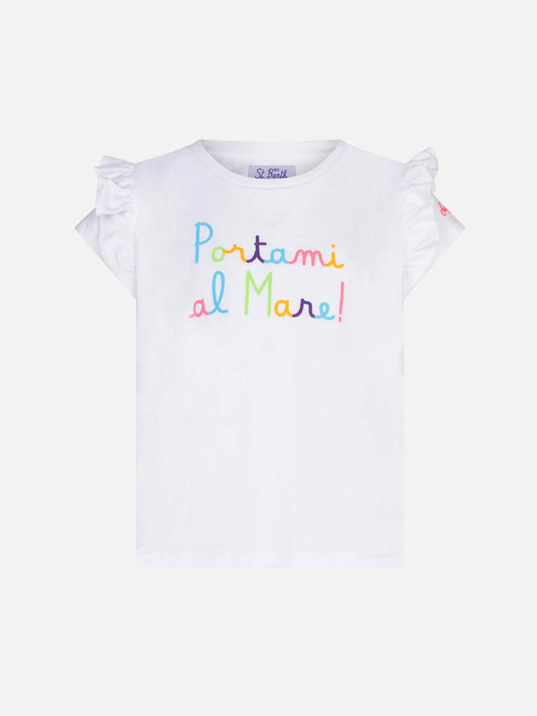 Rüschen-T-Shirt für Mädchen mit Volant und Portami al Mare-Stickerei
