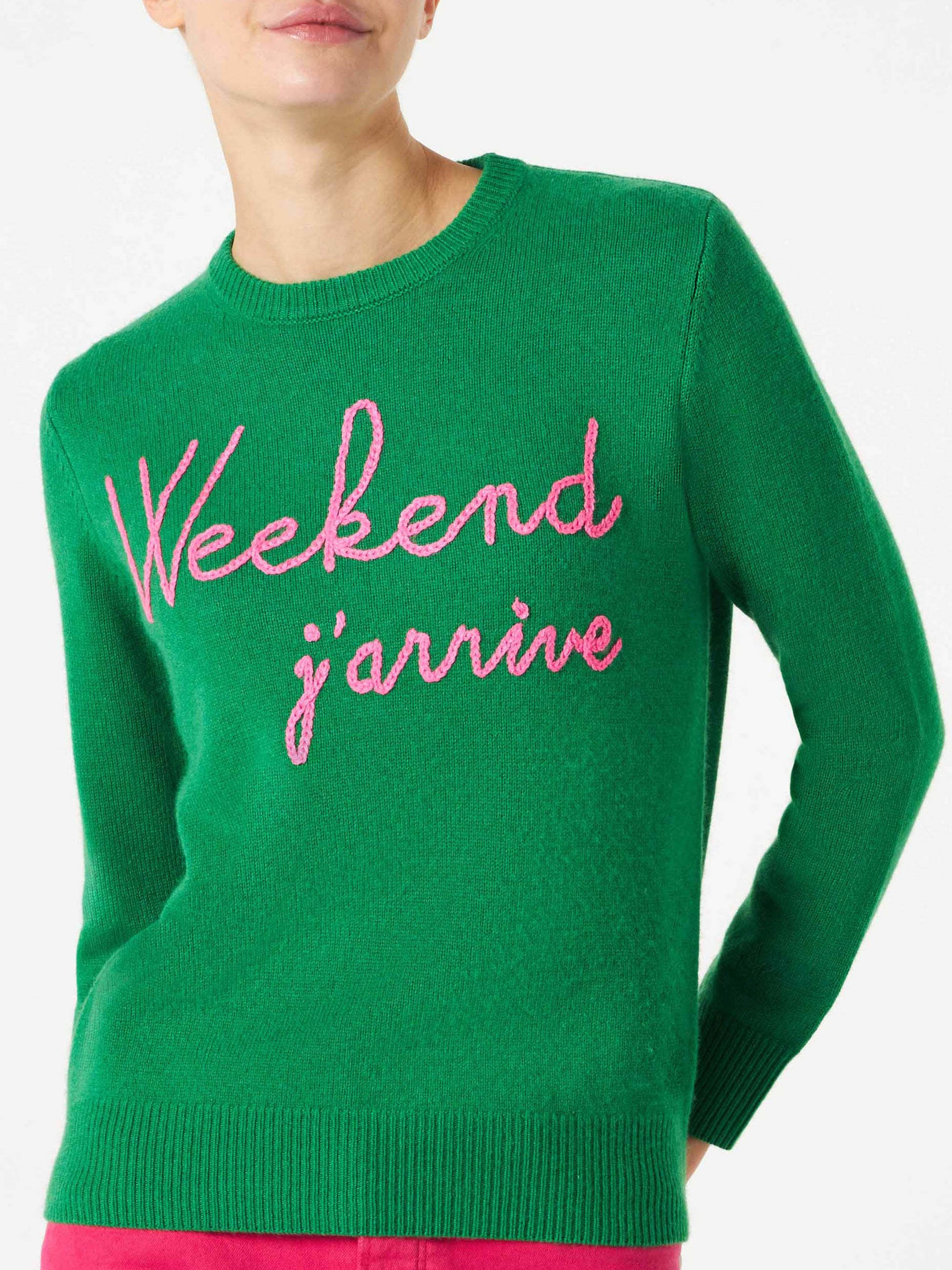 Green sweater Weekend j'arrive fluo pink embroidery - MC2 Saint Barth