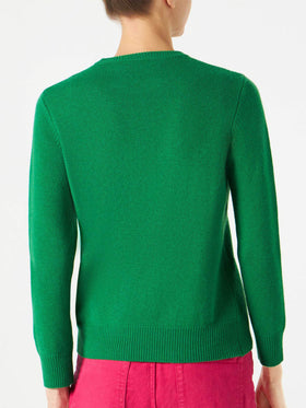 Green sweater Weekend j'arrive fluo pink embroidery - MC2 Saint Barth