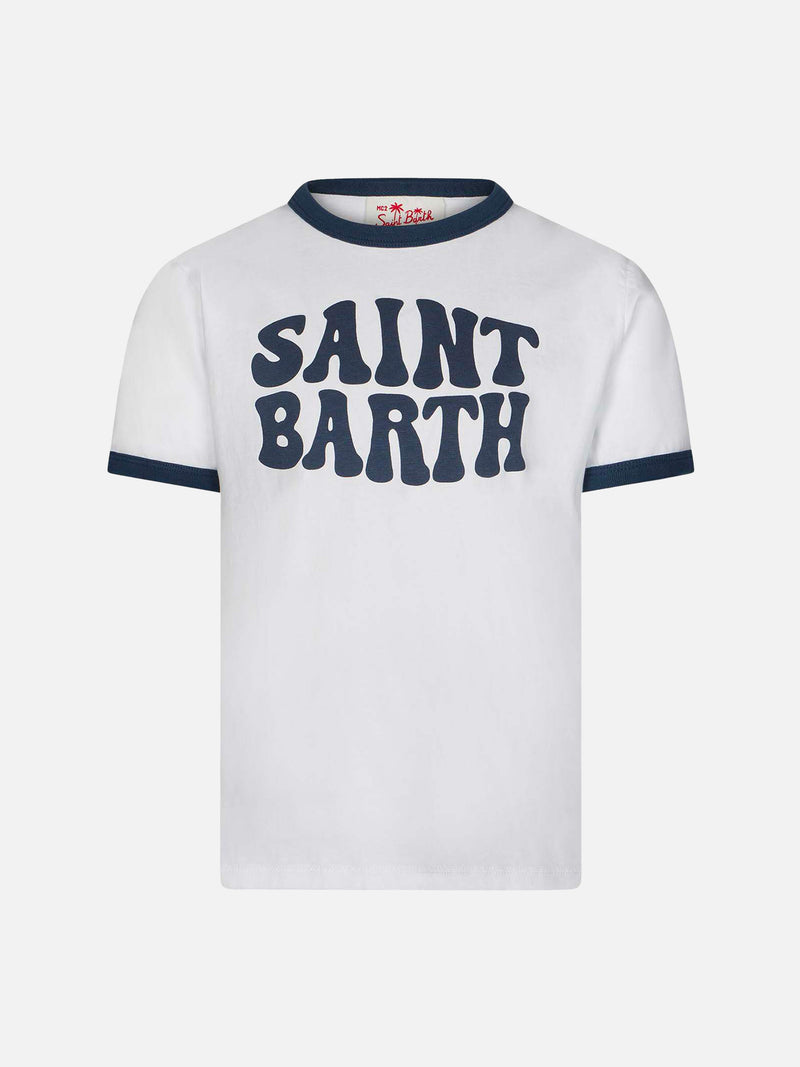 Kid white cotton t-shirt with blue groovy Saint Barth print