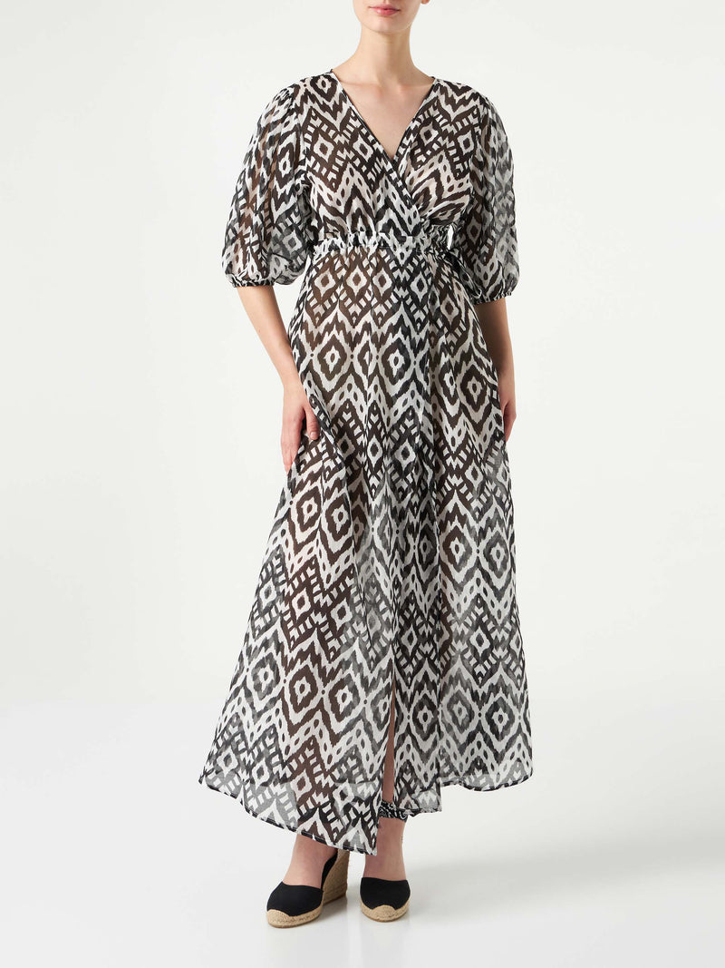 Langes Kleid aus Baumwolle und Seide mit Ikat-Print