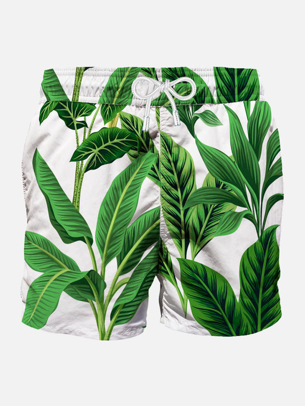 Tropical print mid-length swim shorts