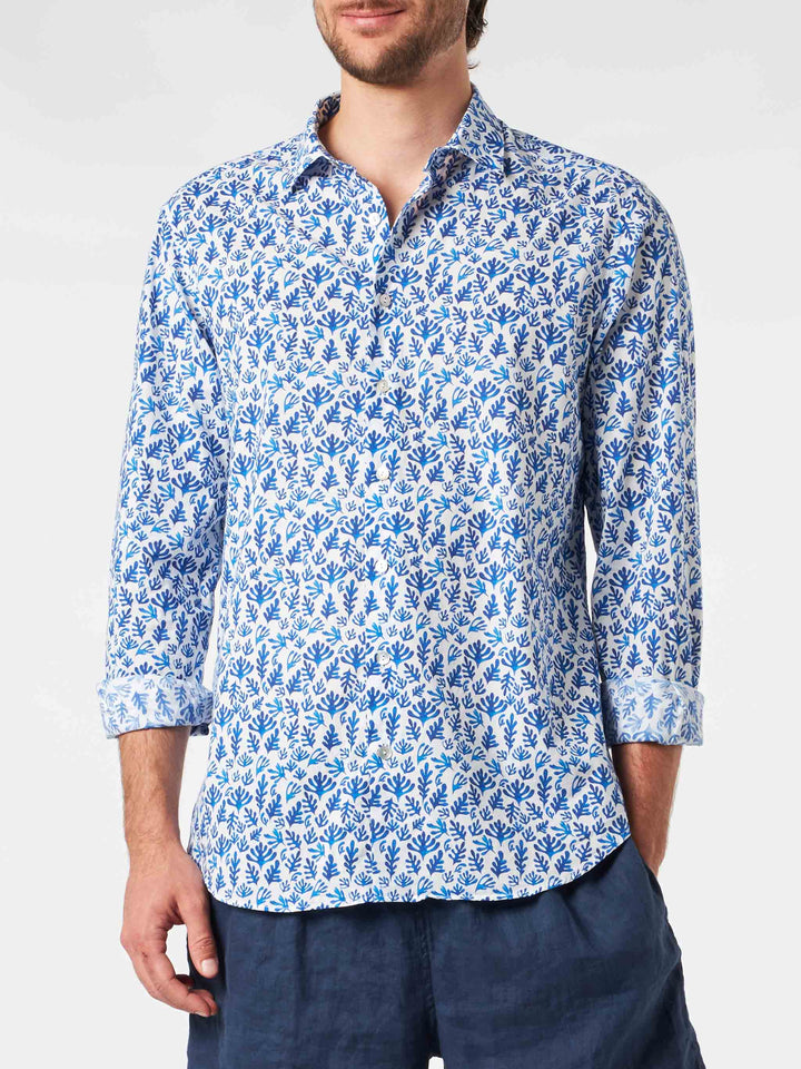 Man muslin cotton Sikelia shirt with blue leaves print - MC2 Saint Barth