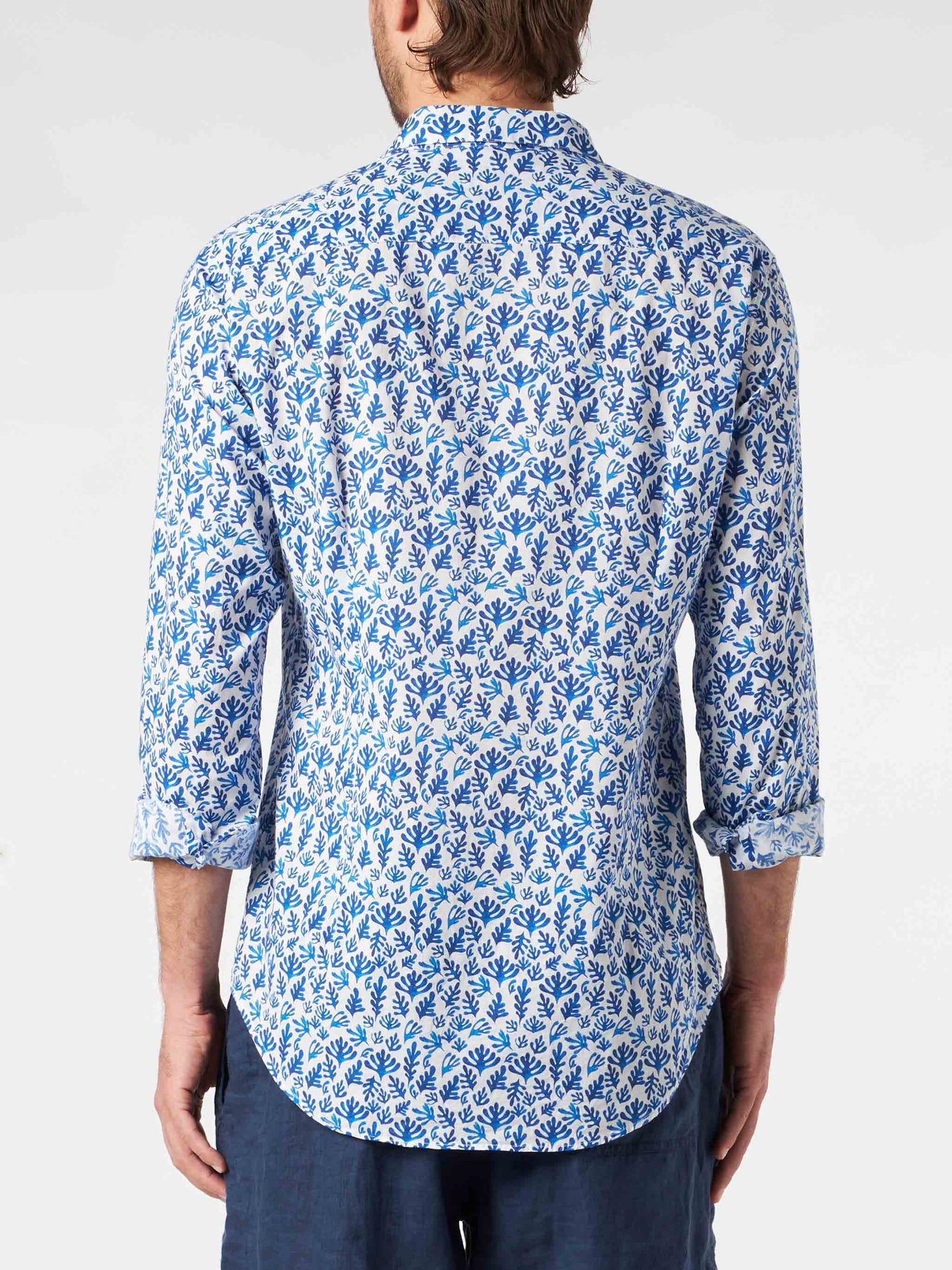 Man muslin cotton Sikelia shirt with blue leaves print - MC2 Saint Barth
